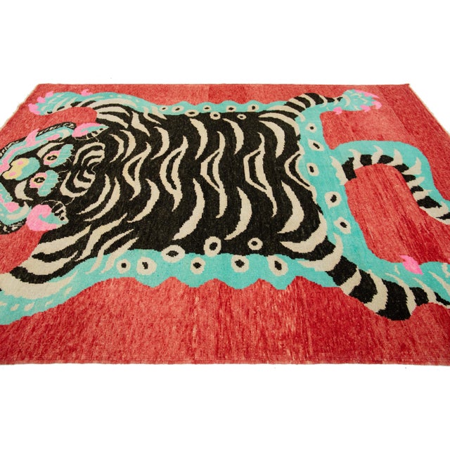 Textile Contemporary Pictorial Designed Handmade Wool Rug in Red For Sale - Image 7 of 10