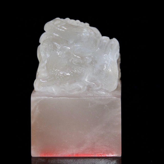 Shoushan Stone Lychee Jelly Seal, Chinese Vintage Carved Qilin Stone Chop With Artist Inscription For Sale In Los Angeles - Image 6 of 9