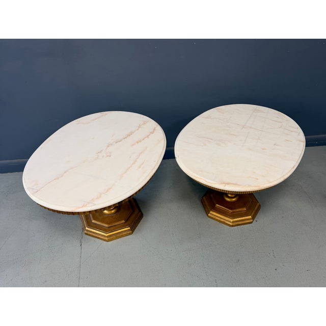 1950s 1950s Pair of Neoclassical Style Marble Top Pedestal Side Tables With Giltwood Bases For Sale - Image 5 of 11