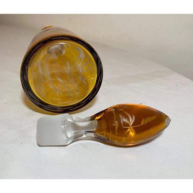 Antique Yellow Cut to Clear Czech Bohemian Crystal Glass Liquor Decanter Bottle For Sale - Image 12 of 13