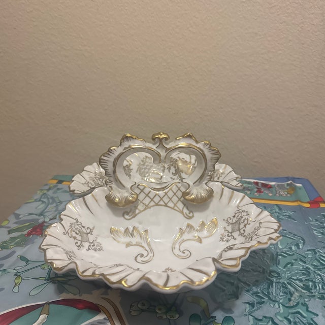 Traditional Antique White & Gold Porcelain Divided Serving Dish With Ornate Gilt Handle For Sale - Image 3 of 7