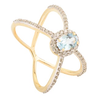 Genuine Blue Topaz and Diamond Full Finger Cross Ring in 14k Gold Size 6.5 For Sale