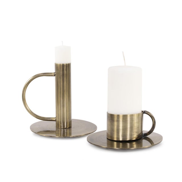 Metal Italo Tall Antique Brass Candle Holder with Handle For Sale - Image 7 of 11