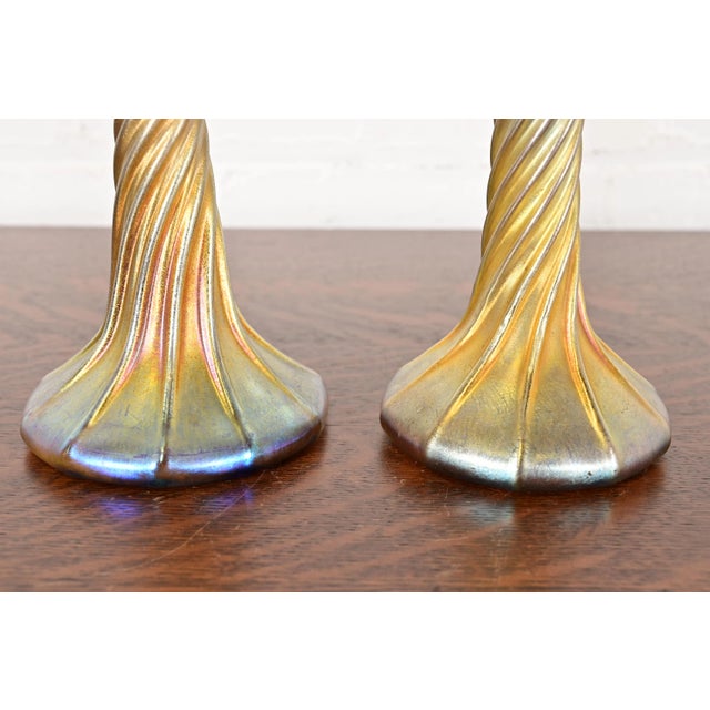 Louis Comfort Tiffany Favrile Iridescent Art Glass Candlesticks, Pair For Sale - Image 9 of 13