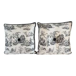 French Toile & Checks Motif Silk Pillows-A Pair For Sale