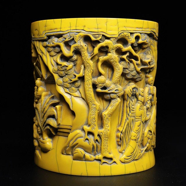 Yellow Vintage Chinese Faux Ivory "Bo Le Appraises a Horse" Carved Brush Pot - 1750g For Sale - Image 8 of 10