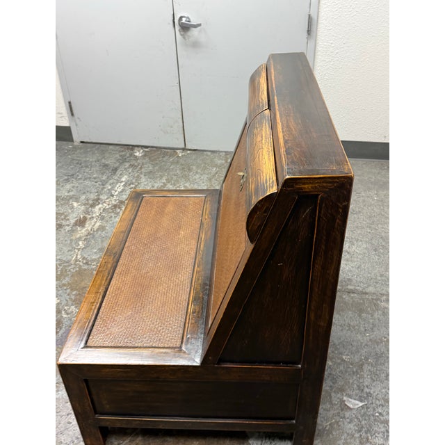Brown Asian Wooden Storage Bench + Cane Panels, Vintage For Sale - Image 8 of 12