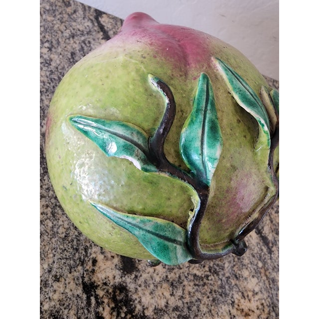 Ceramic Extra Large Vintage Chinese Green and Pink Glazed Ceramic Peach Altar Fruit For Sale - Image 7 of 11