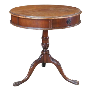 Mid 19th Century Antique English Georgian Style Mahogany Round Pedestal Drum Side Table with Drawer