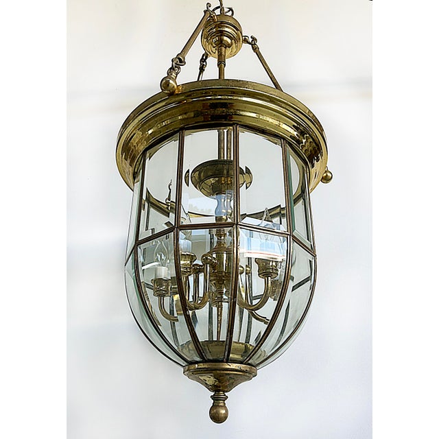 Brass Late 20th Century Brass and Beveled Glass Lantern Pendant Light Fixture, 5 Chandelier Bulbs For Sale - Image 8 of 9