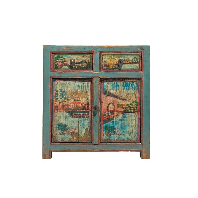 Turquoise Chinese Distressed Turquoise Blue Old Graphic Credenza Cabinet For Sale - Image 8 of 8