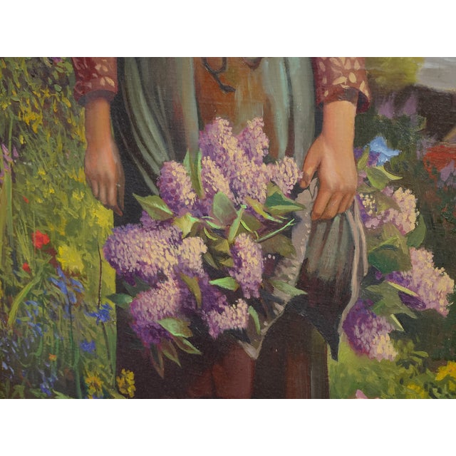 Antique French Gold Oil Painting Picture Women in Field of Flowers Ridgeway Knight For Sale - Image 9 of 12