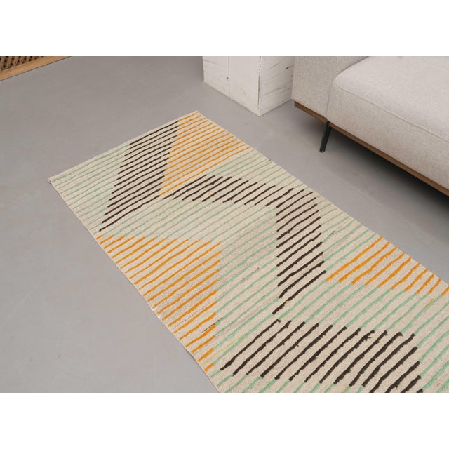 1970s Vintage Handmade Wool Cotton Orange Blue Runner Rug For Sale - Image 4 of 11