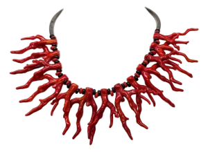 Vintage 1980s Signed Sharra Pagano Italy Silvertone Faux-Coral & Black Beaded Collar Necklace