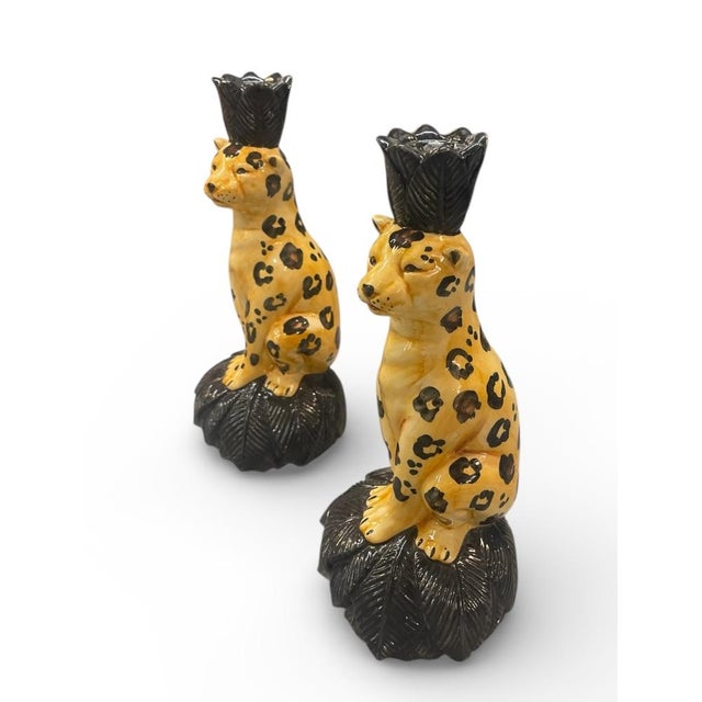 Italian Vintage Italian-Style Ceramic Leopard Palm Leaf Taper Candle Holders - Pair For Sale - Image 3 of 7