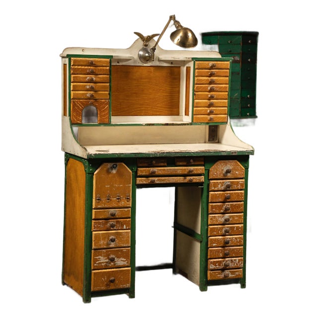 1910s–1920s Industrial Watchmaker's Workbench With Faries Brass Lamp For Sale