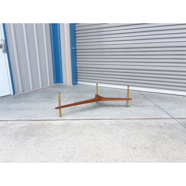 1960s Mid-Century Modern Freeform Glass Coffee Table With Walnut and Brass Base For Sale - Image 9 of 14