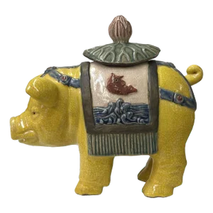 Oriental Vintage Yellow Gray Ceramic Piggy Shape Container Jar Figure