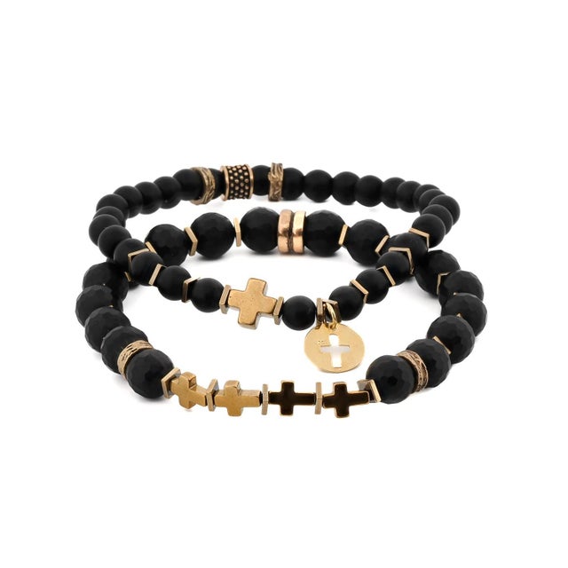 Metal Matte Black Onyx Stone Gold Cross Charm Wise Belief Bracelet Set For Sale - Image 7 of 7