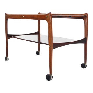Vintage Mid Century Danish Modern Rosewood Rolling Serving Cart on Wheels For Sale