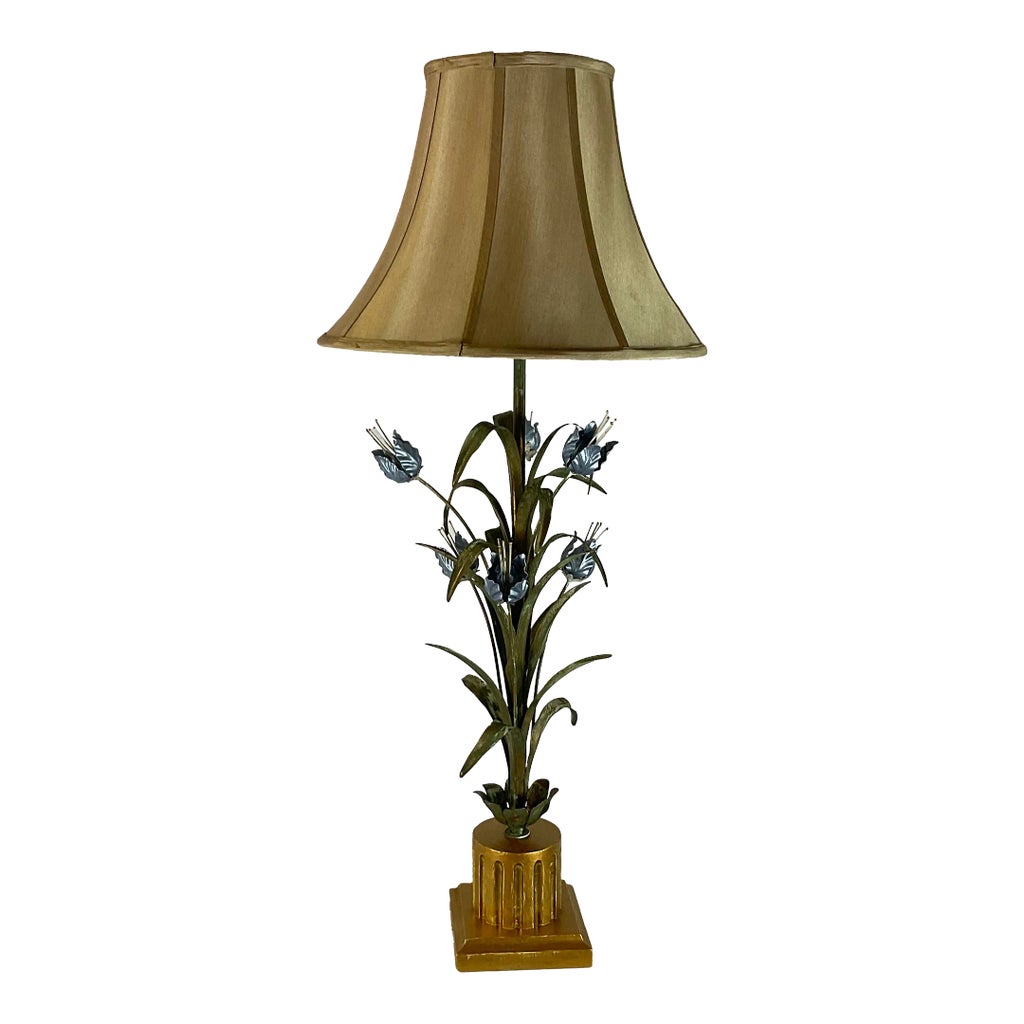 1950s Mid-Century Italian Tole Blue Floral Table Lamp | Chairish