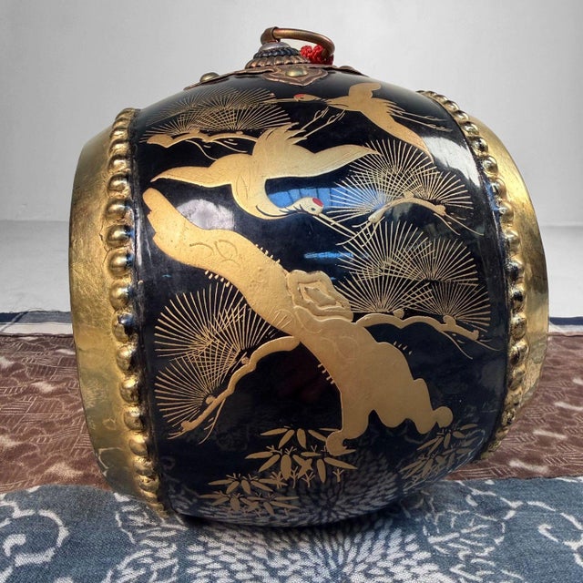 Metal Japanese Decorative Taiko Drum with Gold Crane Motif, 1960s For Sale - Image 7 of 10