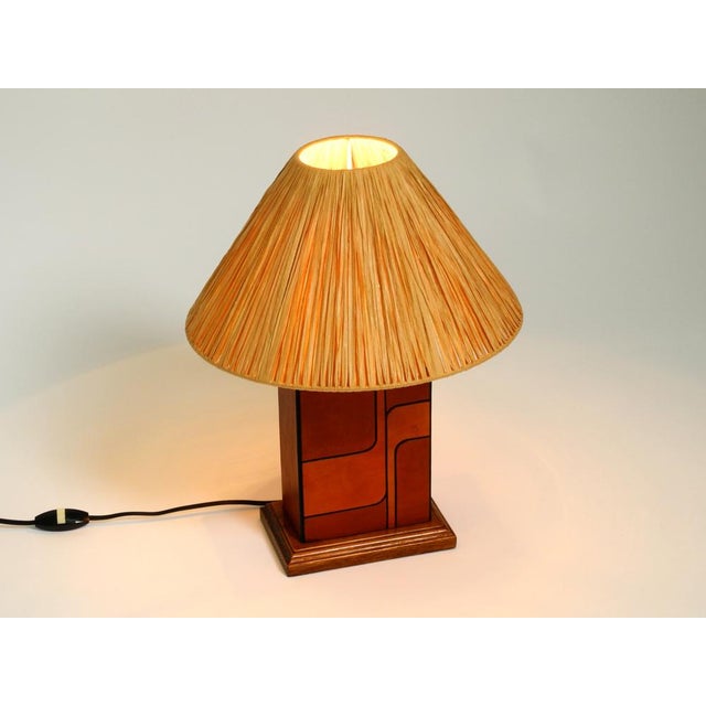 Table Lamp in Wood and Leather with Paper Straw Lampshade, Italian, 1960s For Sale - Image 4 of 18
