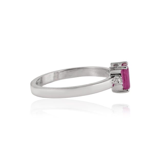 Ruby Red Dainty 0.69 Ct Octagon Ruby & Diamond Three Stone Ring in 925 Sterling Silver Size 6 For Sale - Image 8 of 14