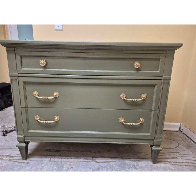 Mid 20th Century Timeless Vintage Sage Three-Drawer Dresser With Warm Gold Hardware For Sale - Image 5 of 11