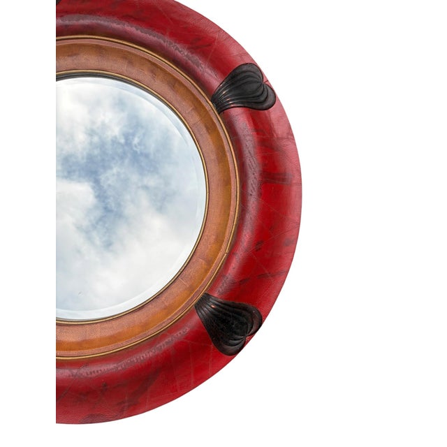 Postmodern Vintage Red & Tan Leather Round Wall Mirror Sculptural Accent 36” For Sale - Image 3 of 6