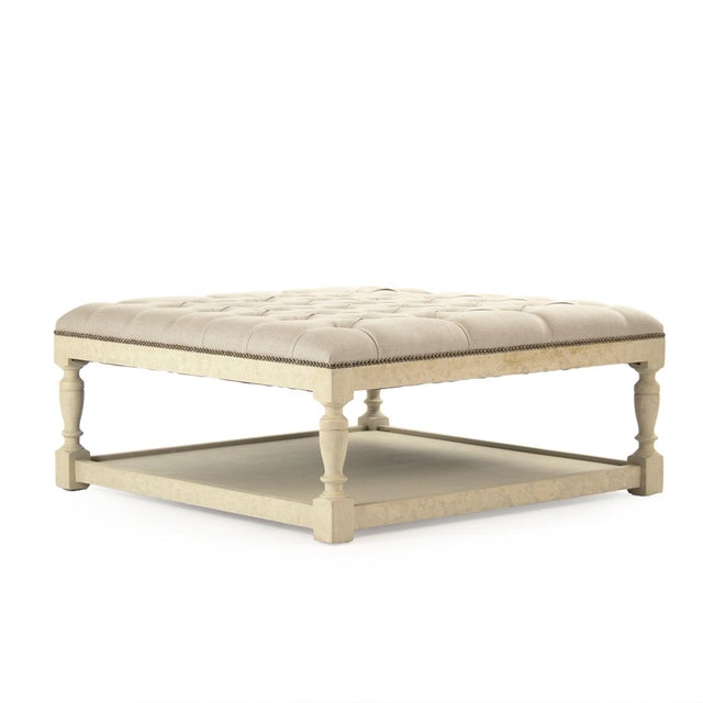 French Country Patrice Tufted Square Ottoman - Natural Linen / Ivory Painted Frame For Sale - Image 3 of 4