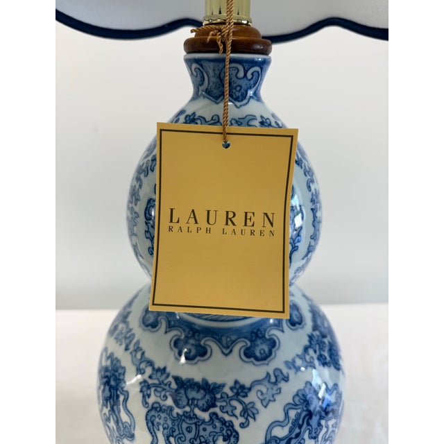 Wood Late 20th Century Pair of Ralph Lauren Home Blue & White Porcelain Double Gourd Table Lamps With White Shades For Sale - Image 7 of 11