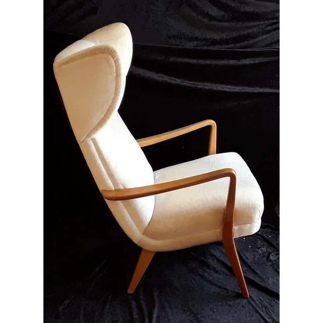 Vintage Ahorn Wood Frame Beige Velour Fabric Cover Wing Chair, 1970s For Sale - Image 3 of 9