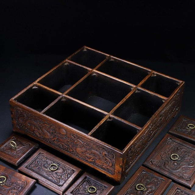Late 20th Century Huali Rosewood Nine-Grid Treasure Box With Dragon Motif For Sale - Image 5 of 9