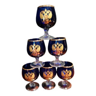 Early 20th Century Cobalt Crystal Brandy Glasses, Set of 6 For Sale