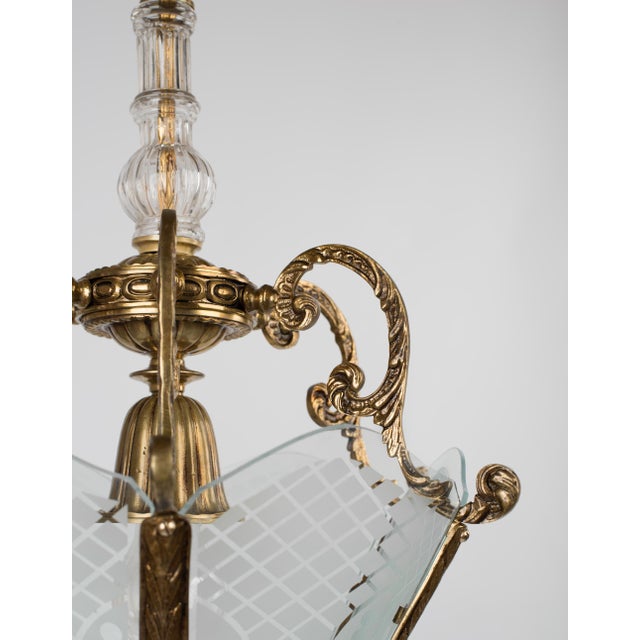 1950s Large Brass & Etched Glass Hall Lantern Ceiling Light For Sale - Image 6 of 12