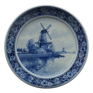 Antique Blue and White Delft Plate with Windmills, 1914 For Sale