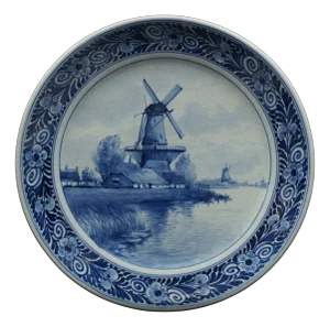 Antique Blue and White Delft Plate with Windmills, 1914