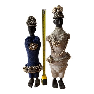 Pair of Vintage Namji (Namchi) Fertility Dolls — Cameroon Tribal Art, Hand-Beaded With Cowrie Shells For Sale