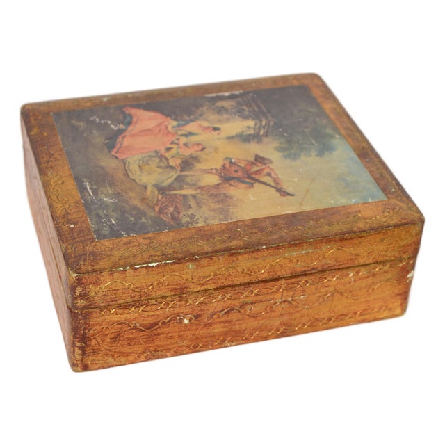 Gold Florentine Italian Wooden Box of Men Serenading Lady For Sale