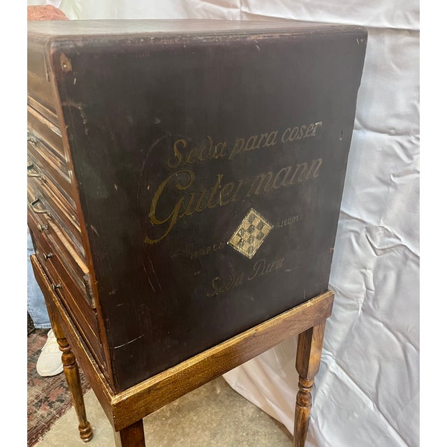 Industrial Antique 1930s German Gutermann Haberdashery Thread Cabinet on Raised Stand For Sale - Image 3 of 14
