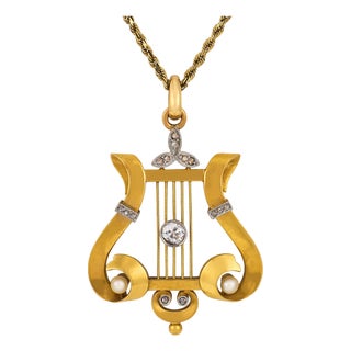 19th Century Victorian Diamond Pearl 18k Yellow Gold Lyre Necklace For Sale