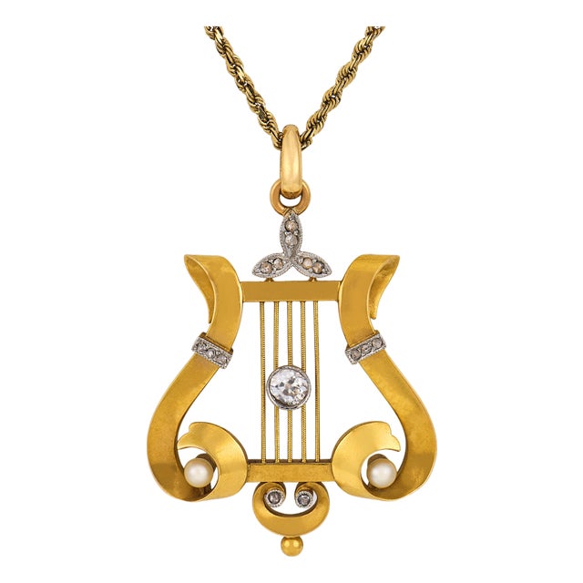 19th Century Victorian Diamond Pearl 18k Yellow Gold Lyre Necklace For Sale