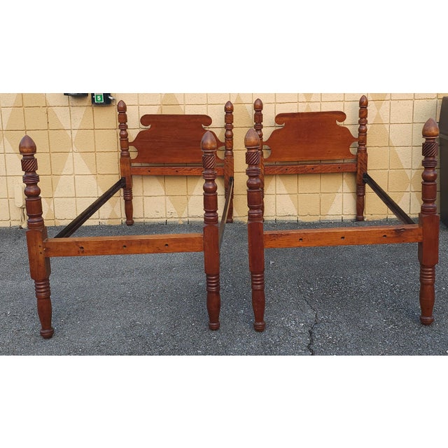 19th C. Victorian Walnut and Maple Converted Rope Semi Poster Twin Beds ...