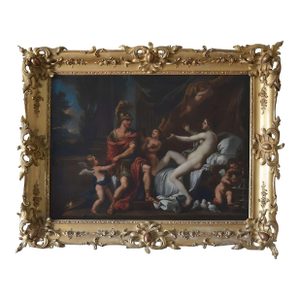 18th Century French School Oil Painting of Mars & Venus With Putti in a Giltwood Frame.