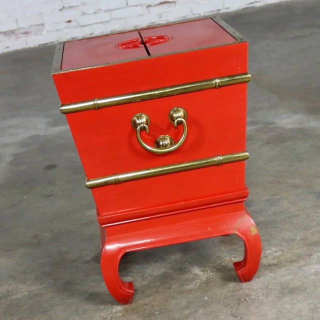 Chinese Red Lacquer and Brass Accent Table Removable Ice Chest Style on Hoof Foot Base For Sale - Image 10 of 13