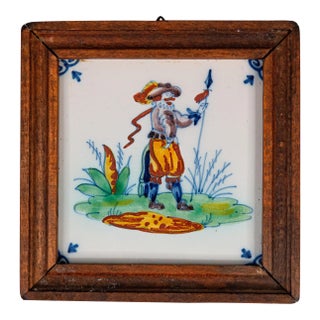 Vintage Delft Faience Framed Polychrome Cavalier Tile For Sale