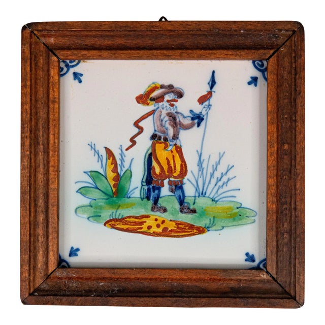 Vintage Delft Faience Framed Polychrome Cavalier Tile For Sale