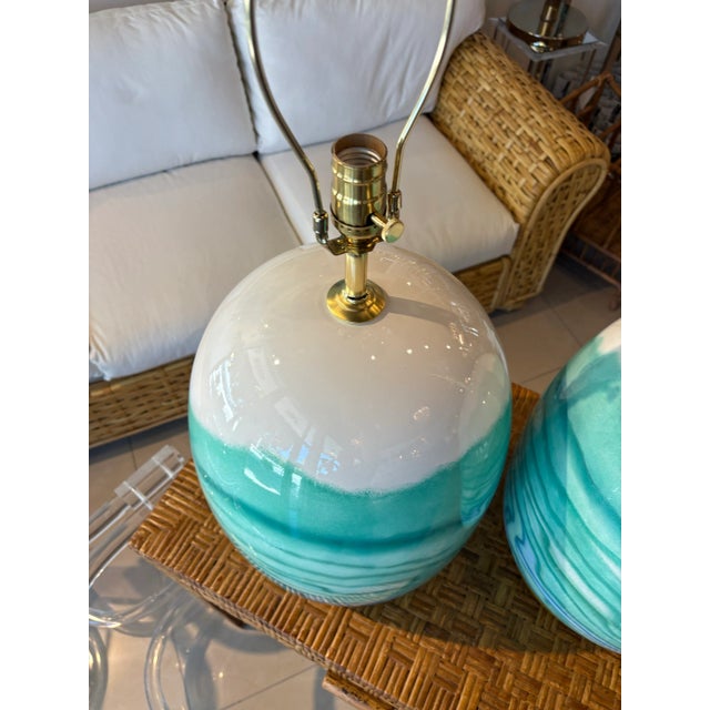 Vintage 1980s pair of monumental ceramic table lamps. Blue, green and white lovely watercolor design. No chips or breaks....