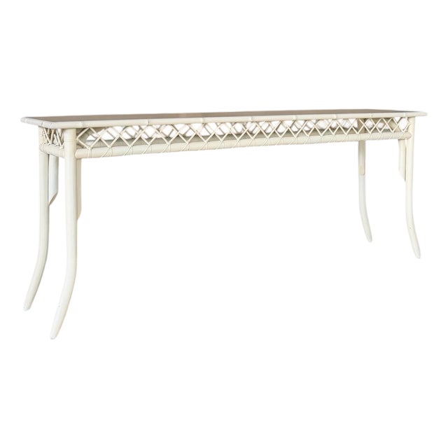 Monumental Vintage Coastal Boho Rattan Console Table With Lattice Detail For Sale